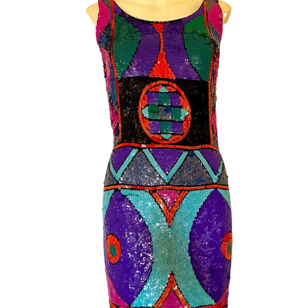 90's beaded dress sequin cocktail dress art deco color block abstract mini small
